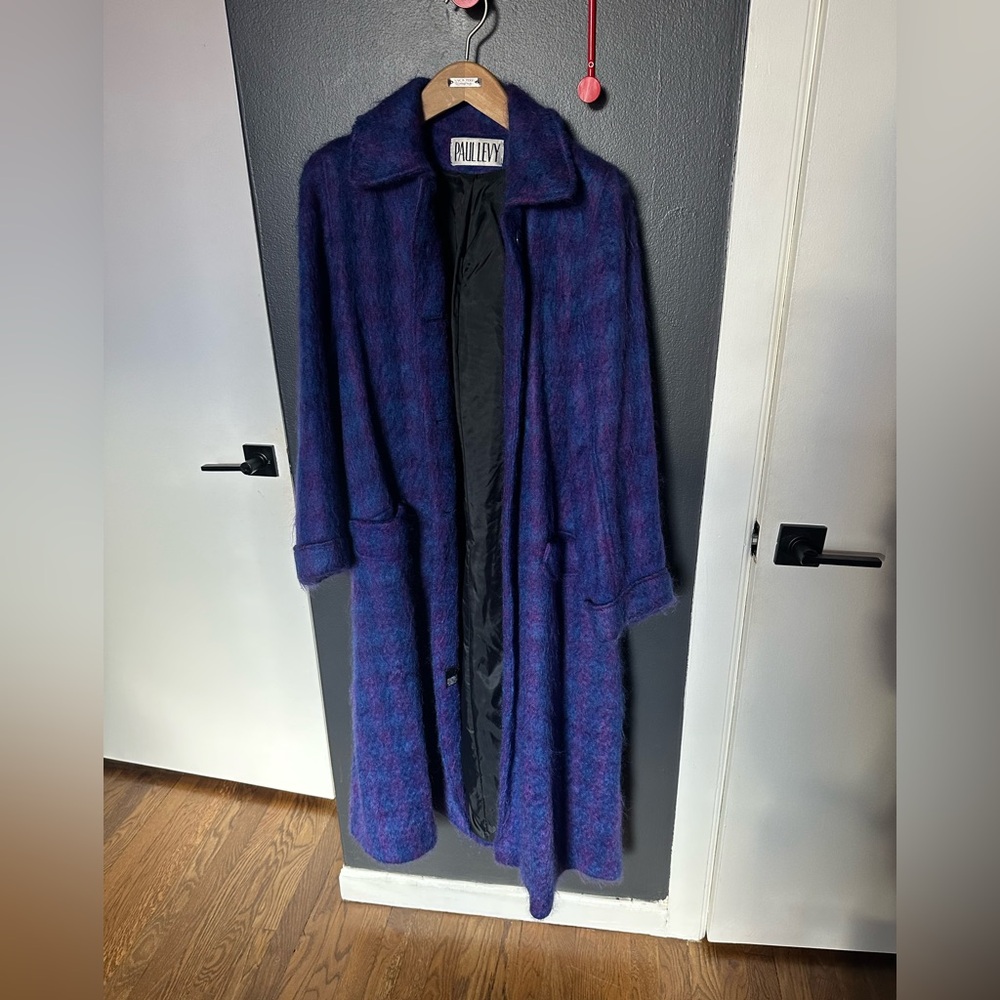 Paul Levy Mohair plaid coat purple blue M like new